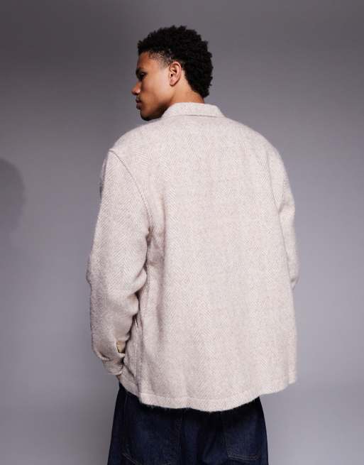 ASOS DESIGN textured herringbone overshirt in beige, 4 of 5