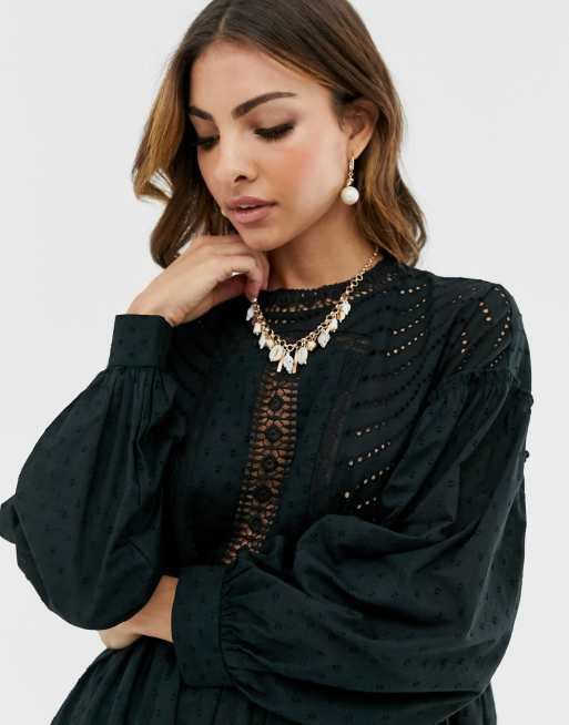black lace smock dress Black Polka Dot Lace Smock Dress