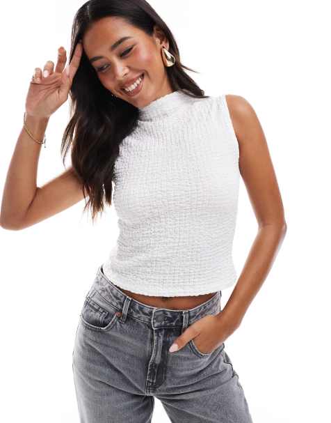 ASOS DESIGN textured high neck top in ivory - view 1