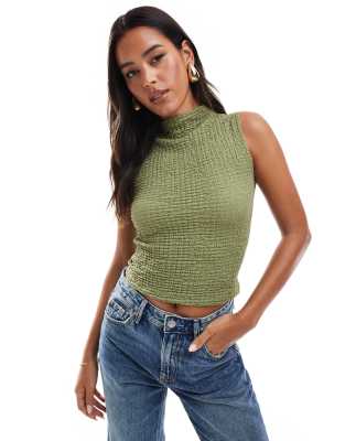 Asos Design Textured High Neck Top In Khaki-green