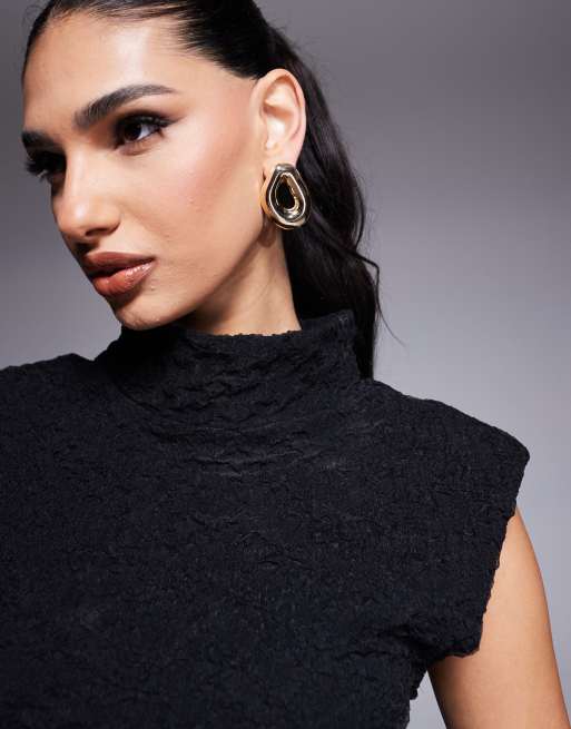ASOS DESIGN textured high neck vest top with shoulder pads in black, 2 of 4