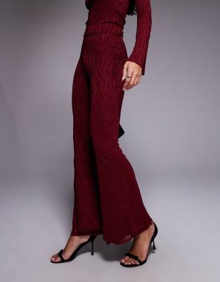 Asos Design Textured High Waist Flared Leg Pants In Red