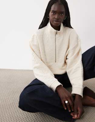 Asos Design Textured Jacquard Quarter Zip Sweatshirt In White