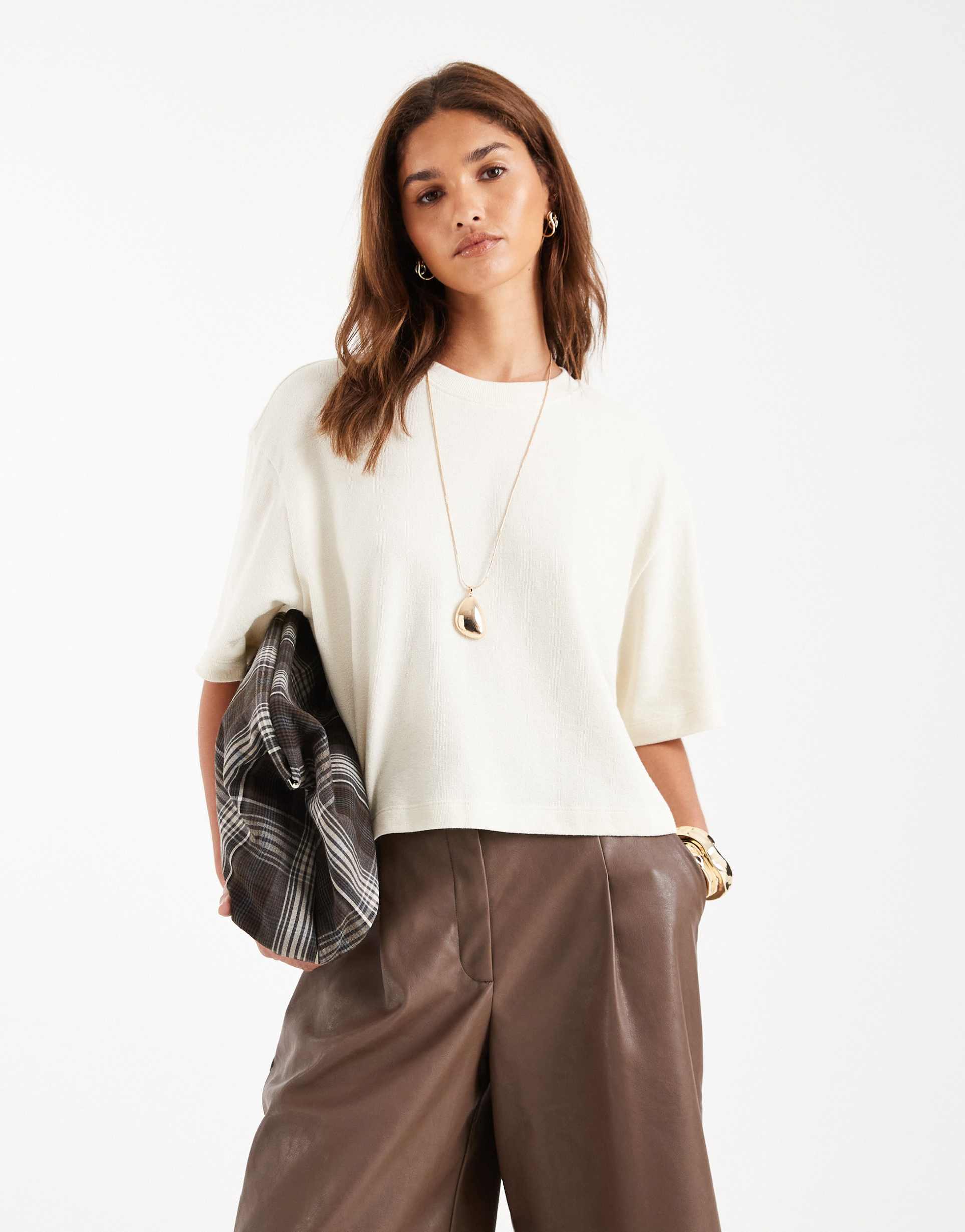 asos design textured jersey boxy crop t-shirt in cream