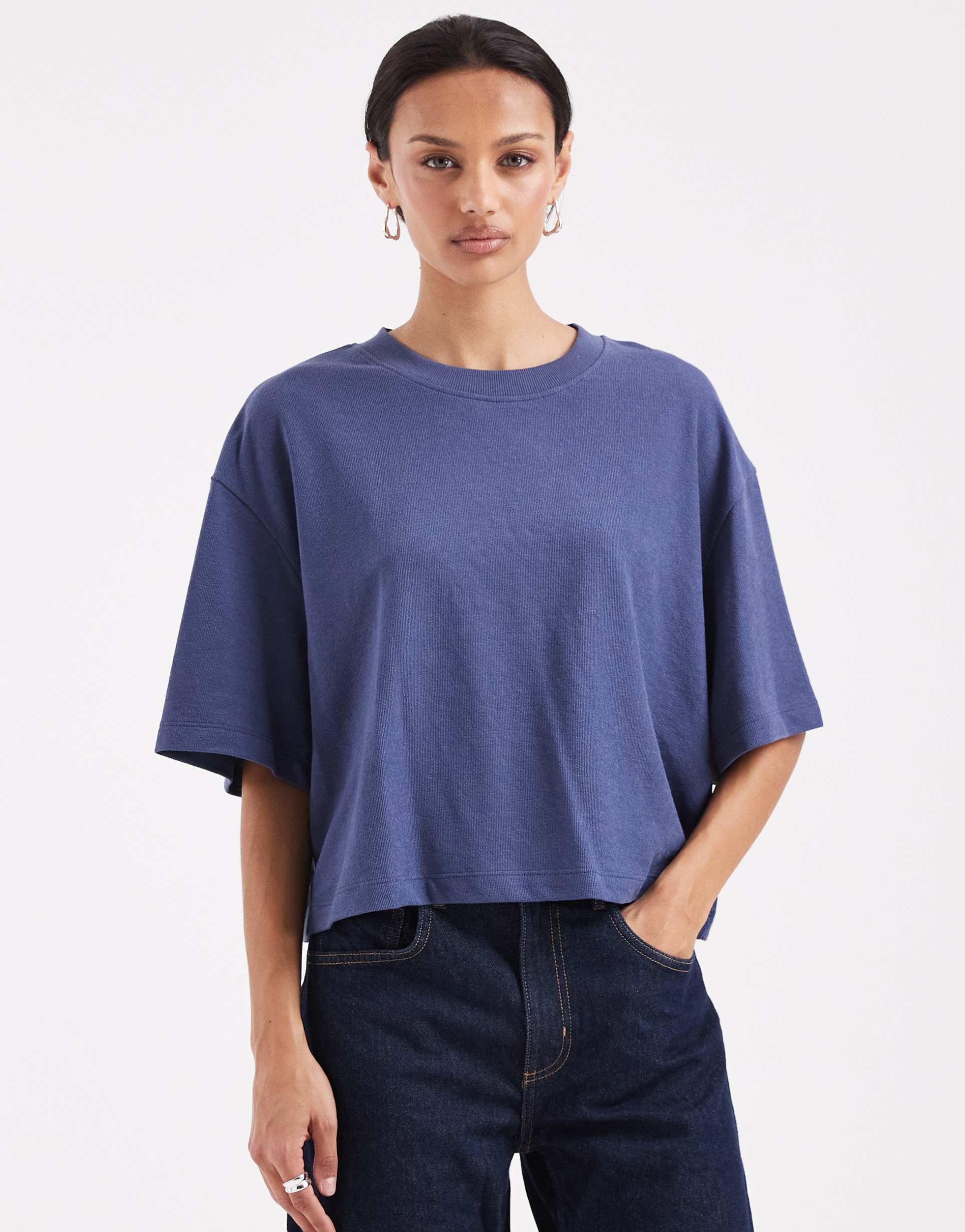asos design textured jersey boxy crop t-shirt in washed navy