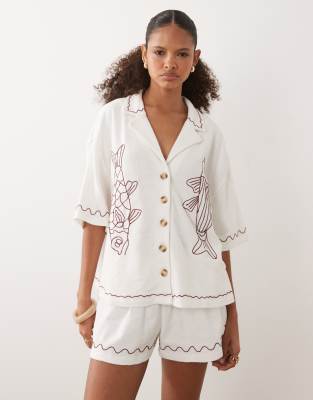 Asos Design Textured Jersey Camp Collar Shirt With Fish Embroidery In Multi