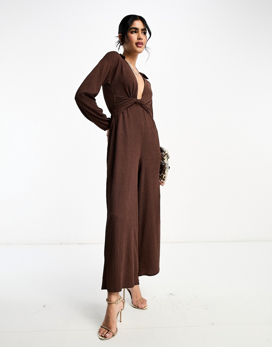 ASOS DESIGN textured jersey jumpsuit with twist front in brown