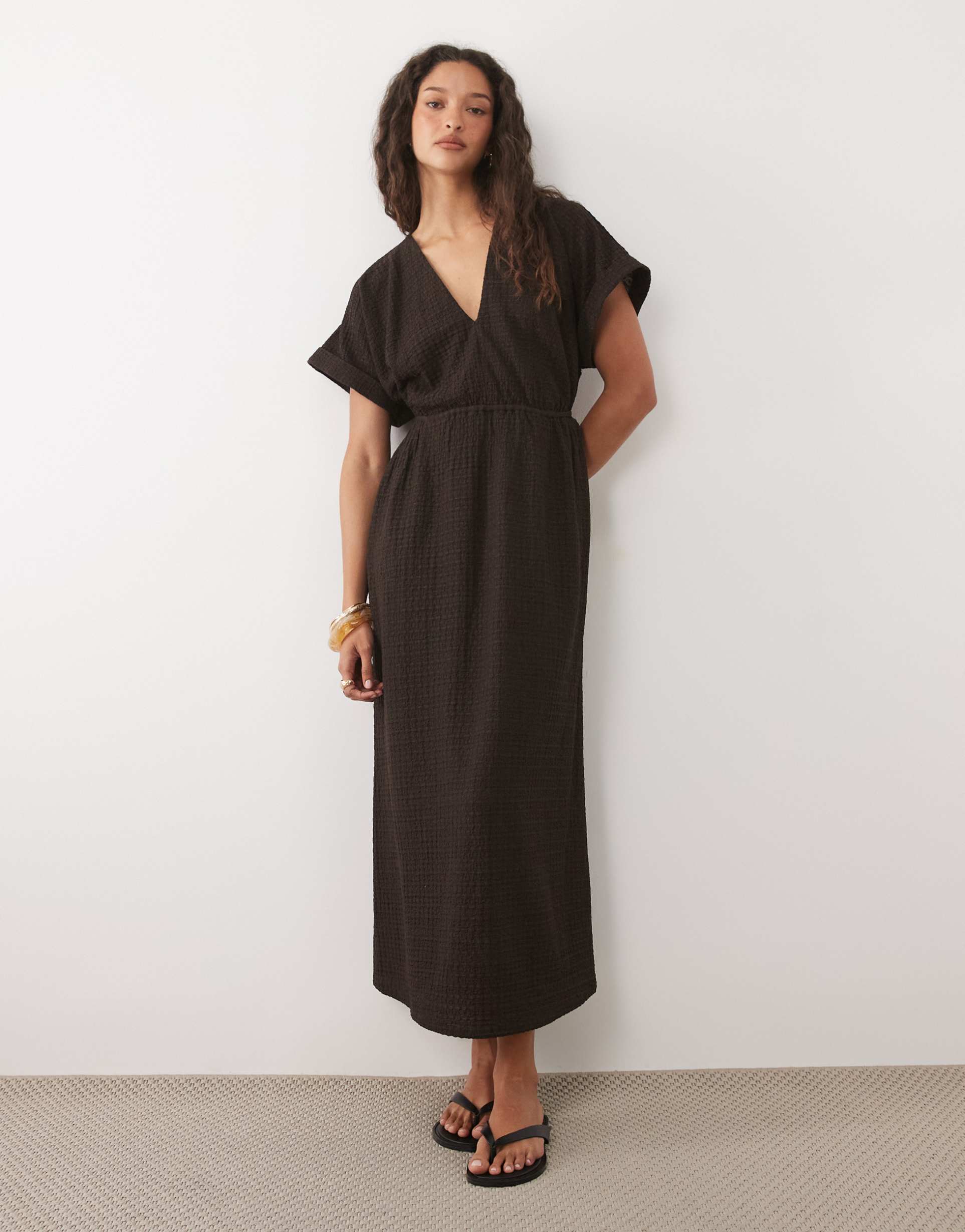 asos design textured jersey midi swing dress in brown