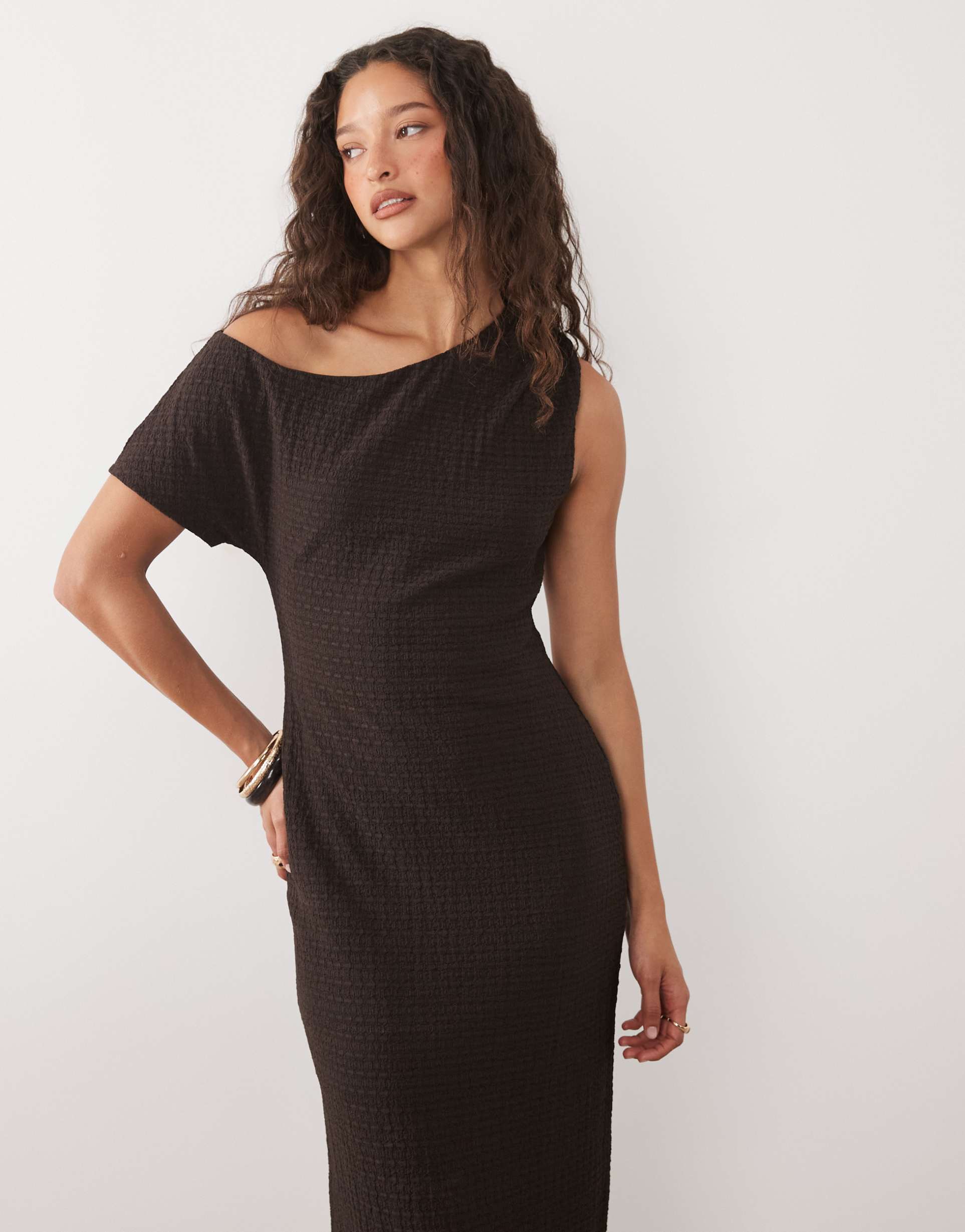asos design textured jersey off shoulder midi dress in brown