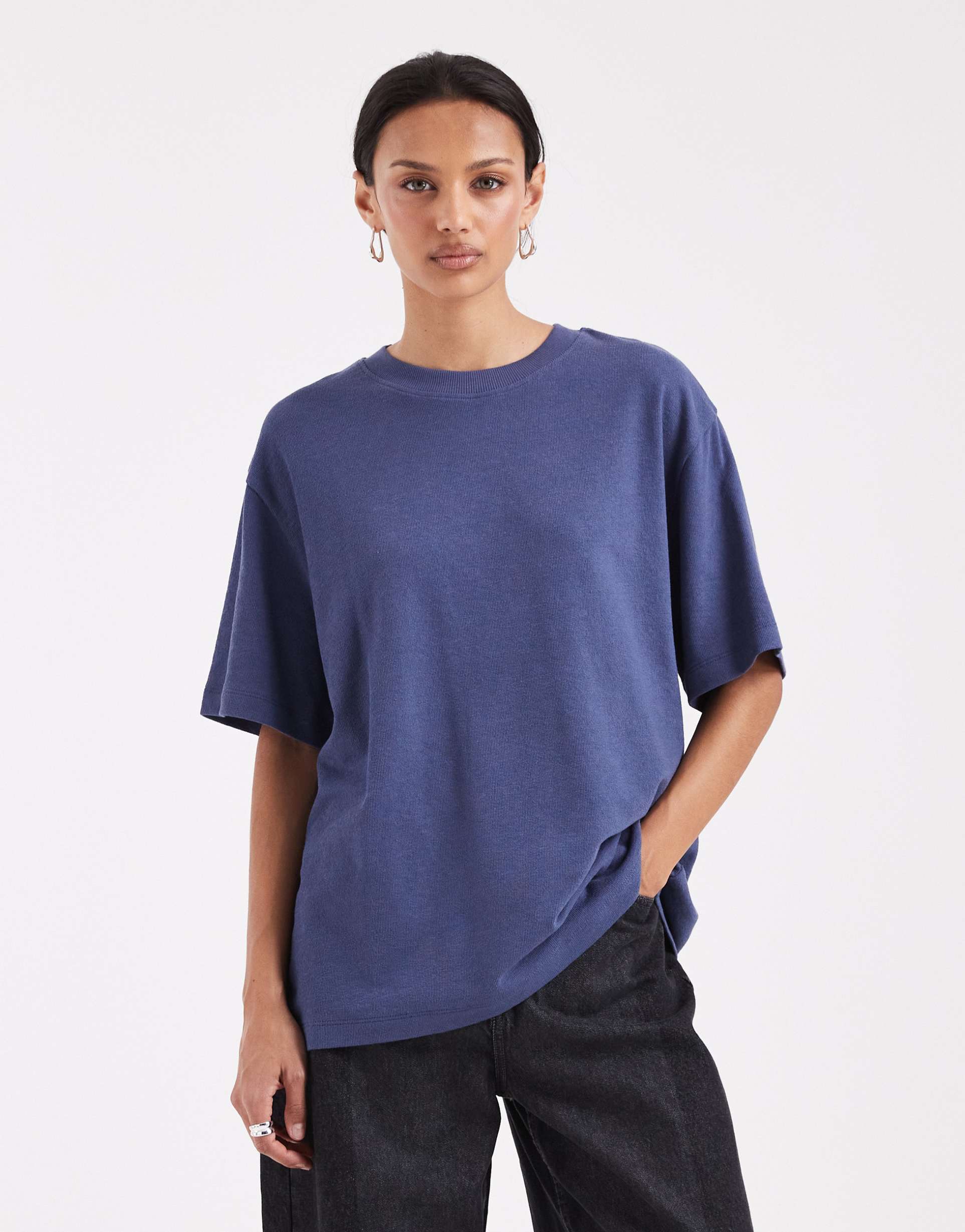 asos design textured jersey oversized t-shirt in navy