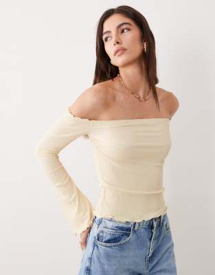 Asos Design Textured Jersey Ruched Off Shoulder Top In Brown
