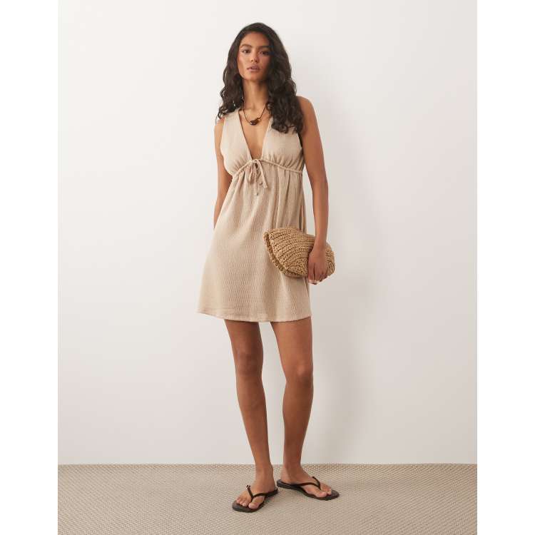 ruched jersey mini dress ASOS DESIGN textured tie front in stone Dorothy perkins