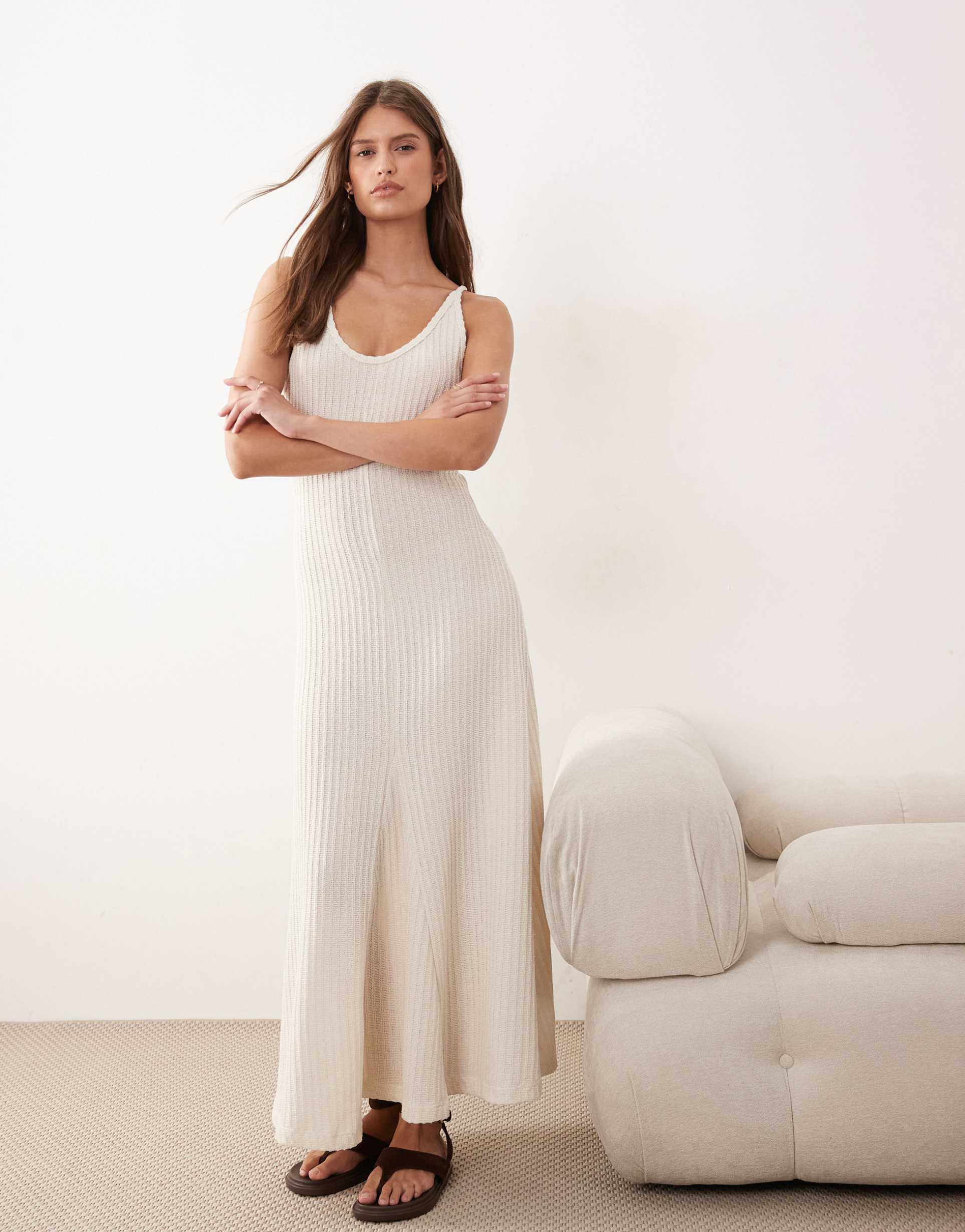 asos design textured jersey scoop neck midi dress in cream