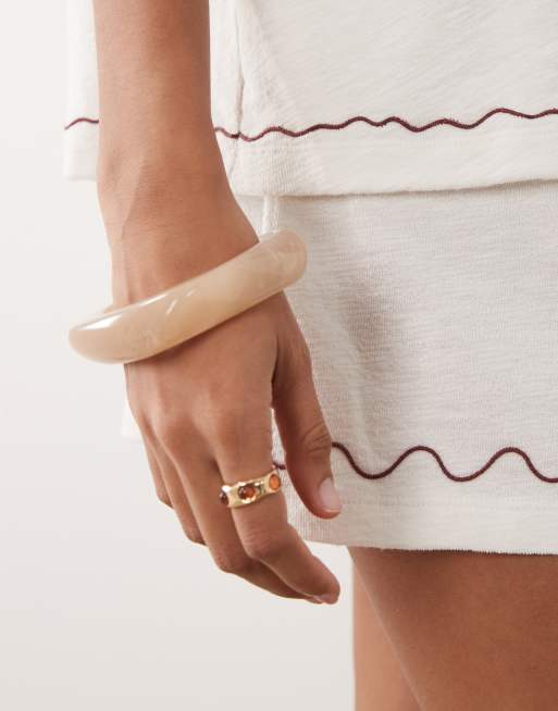 ASOS DESIGN textured jersey short co-ord with burgundy embroidery in cream, 5 of 5