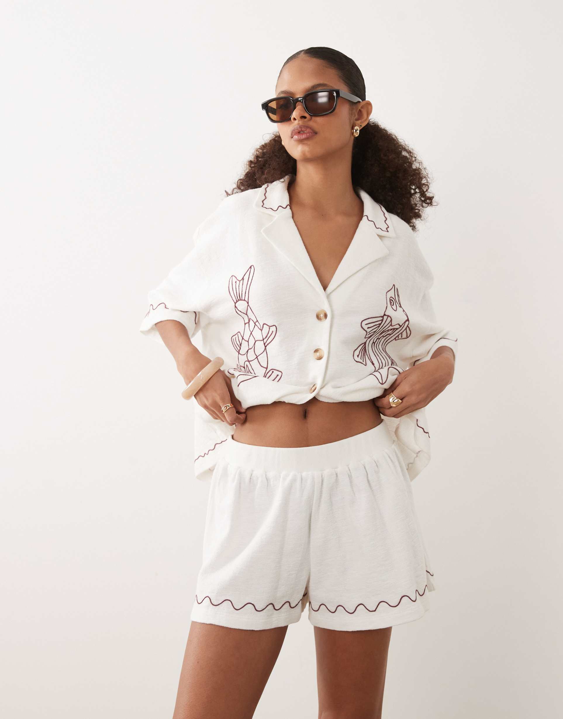 asos design textured jersey shorts with burgundy embroidery in cream - part of a set