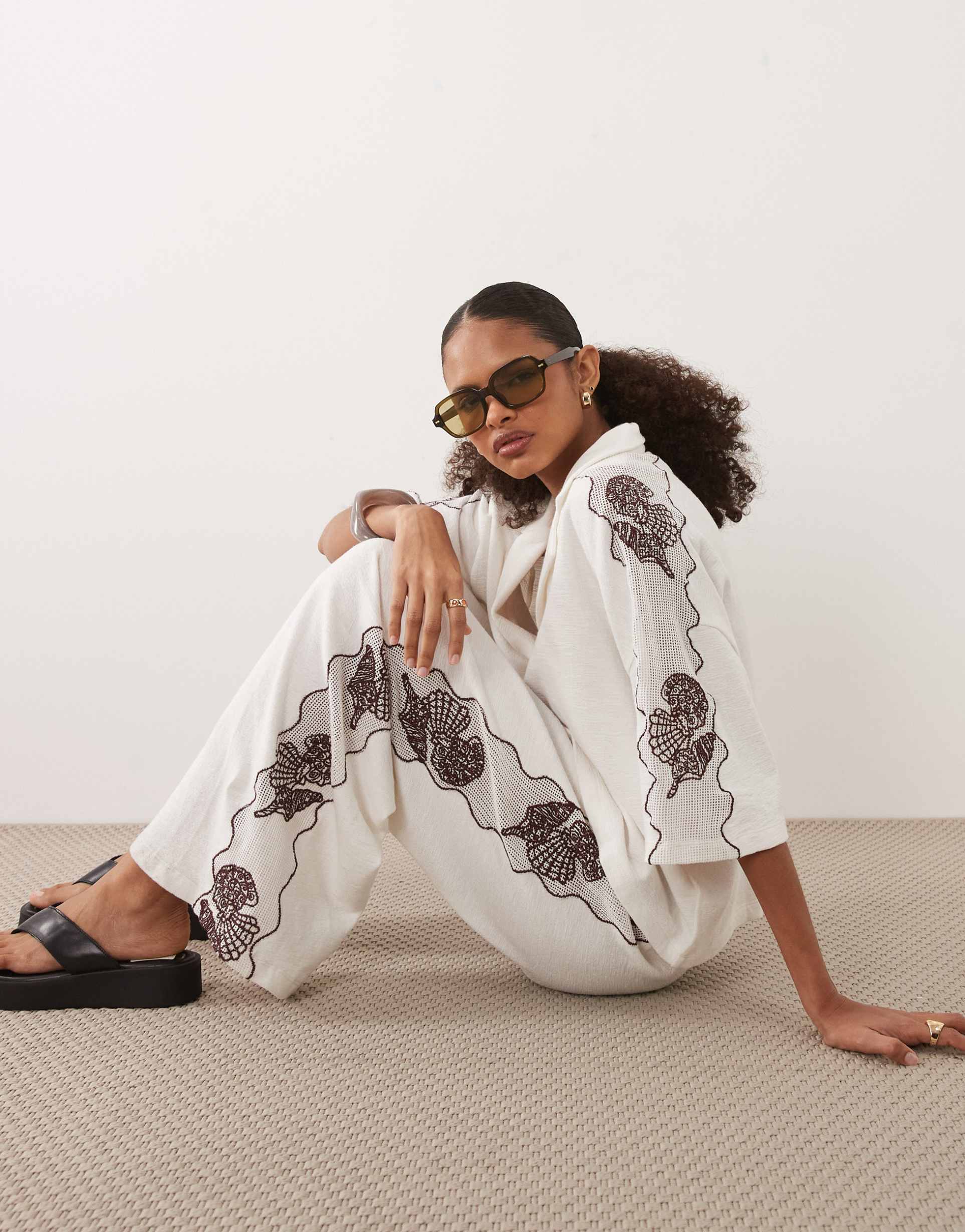 asos design textured jersey wide leg pants with shell embroidery in cream - part of a set