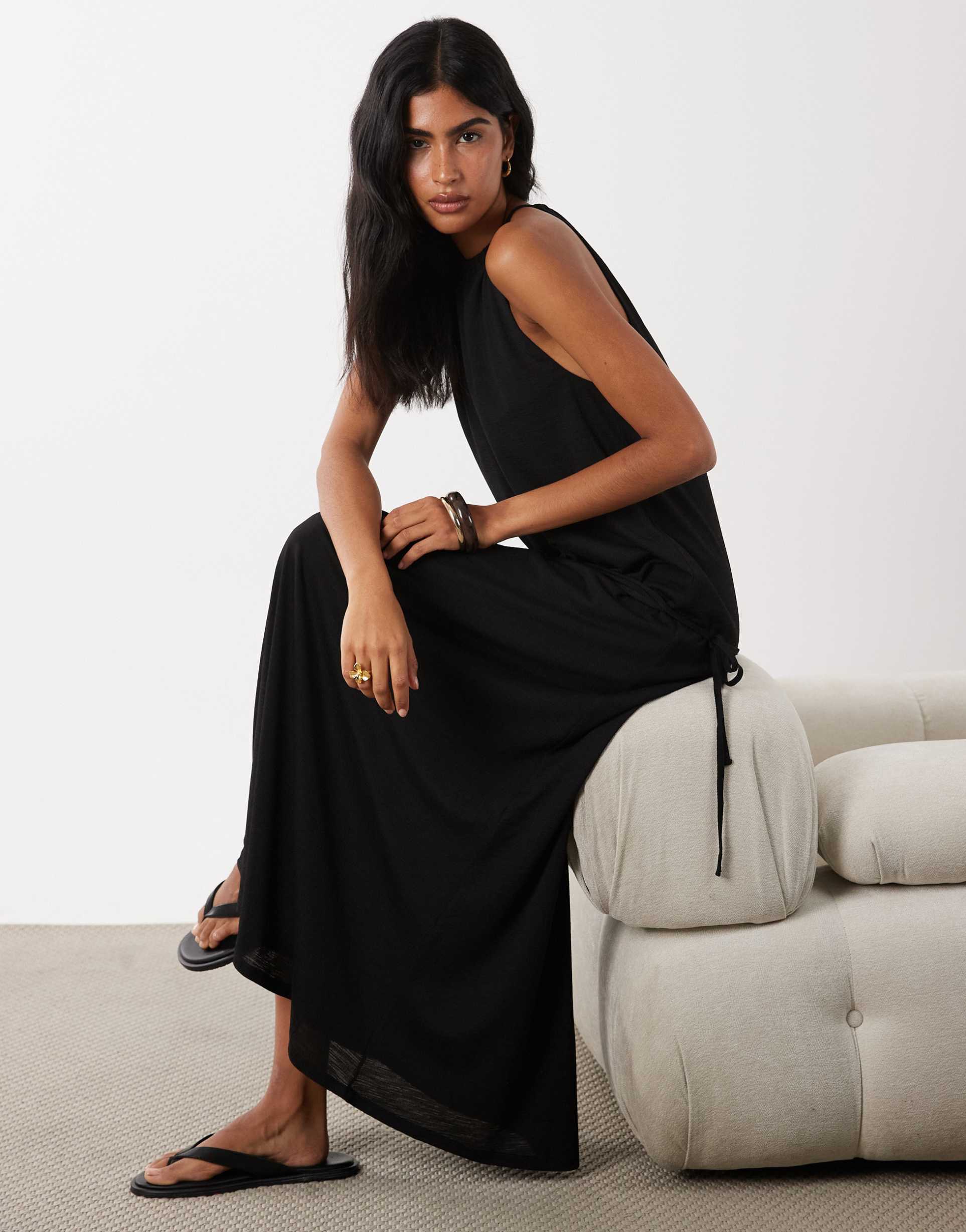 asos design textured jersey wrap scarf detail maxi dress in black