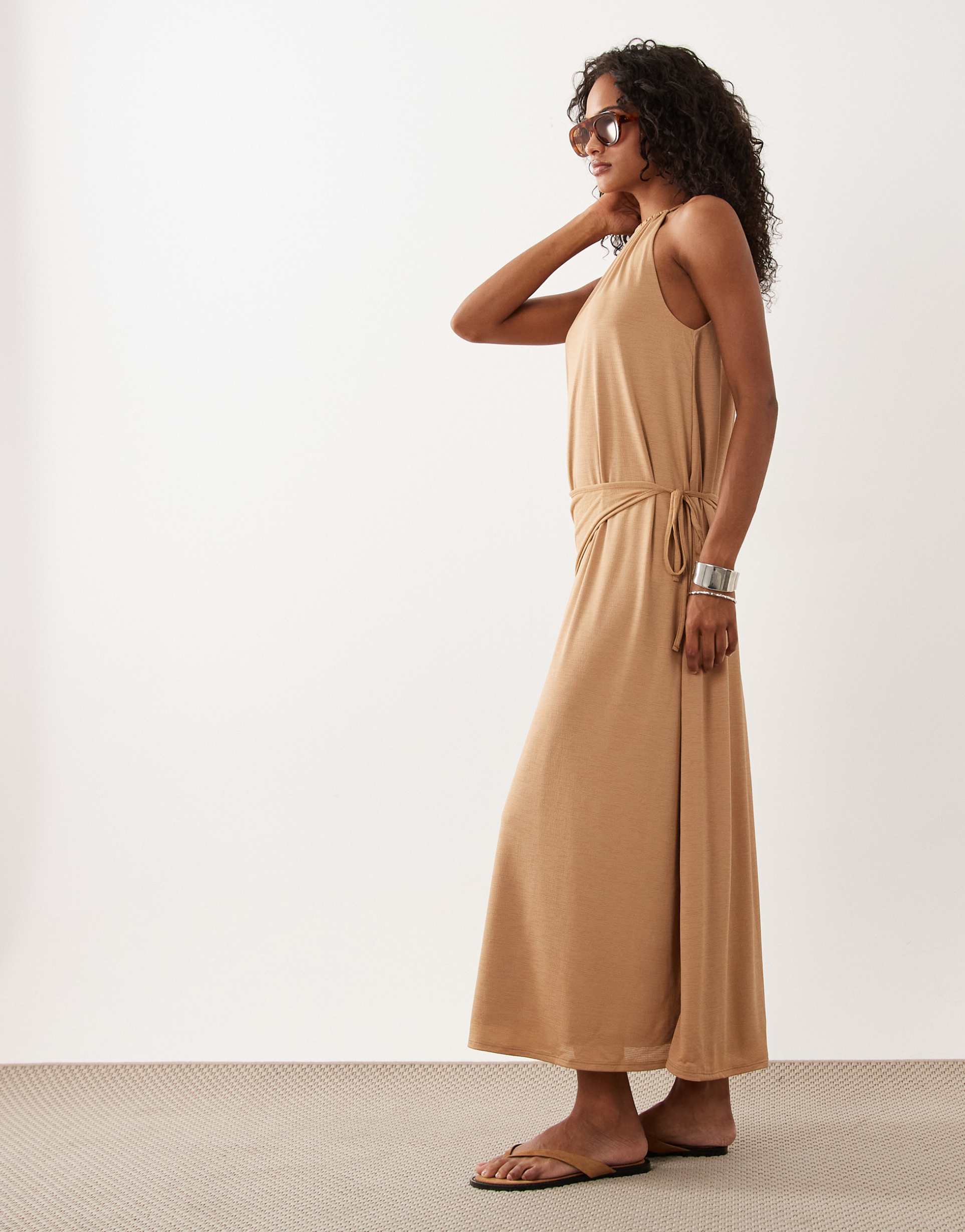 asos design textured jersey wrap scarf detail maxi dress in stone