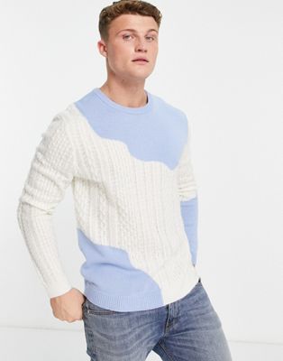 ASOS DESIGN textured jumper with split cable front in blue and cream
