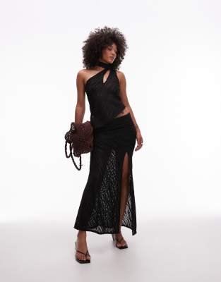 Asos Design Textured Key Hole Asymmetric Hem Top With Scarf Detail In Black
