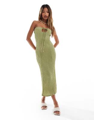 textured keyhole bandeau column maxi dress in olive-Green