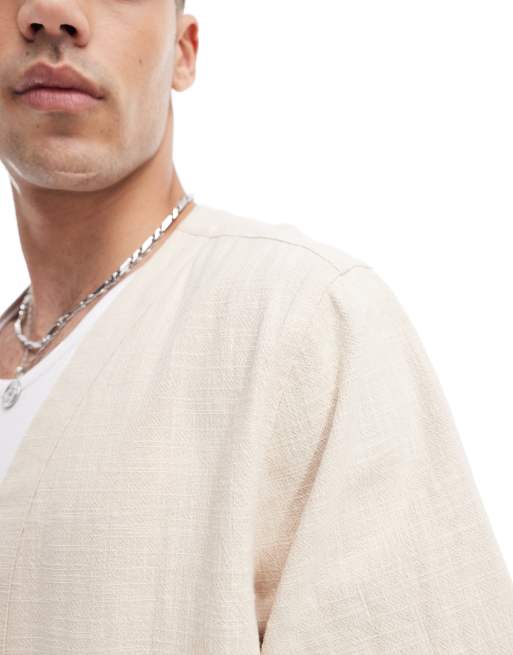 ASOS DESIGN textured kimono shirt in stone, 2 of 4