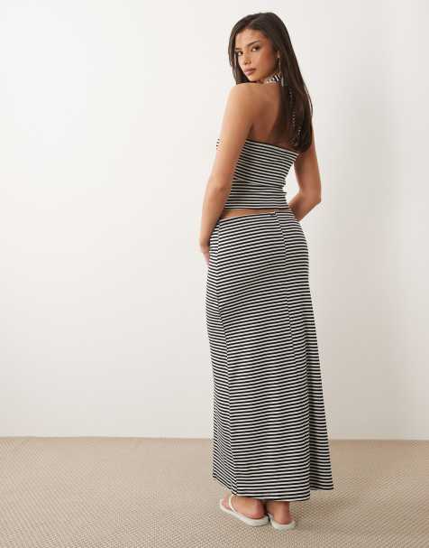 ASOS DESIGN textured knit a line maxi skirt in mono striped print - part of a set - view 1