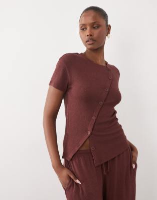 ASOS DESIGN textured knit asymmetric button through t-shirt co-ord in choc
