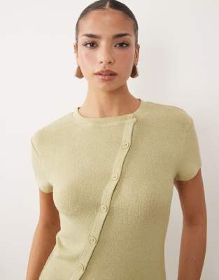 ASOS DESIGN textured knit asymmetric button through t-shirt co-ord in sage