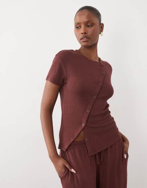 ASOS DESIGN textured knit asymmetric button through t-shirt in choc (part of a set) - view 1