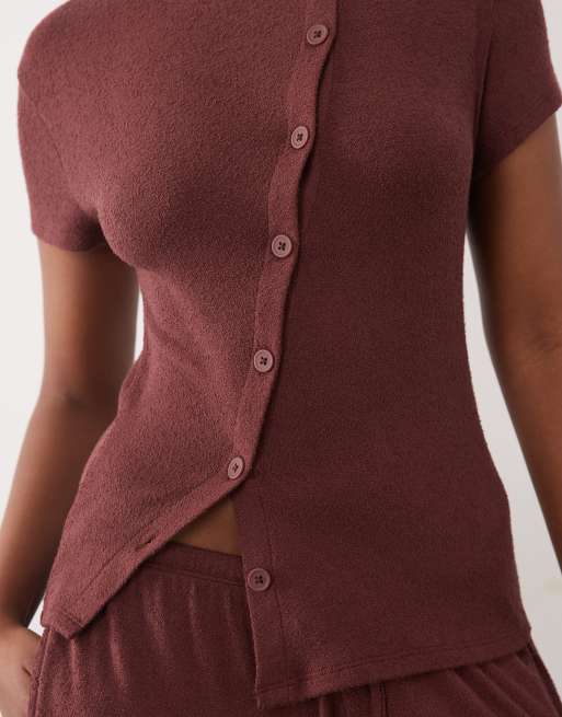 ASOS DESIGN textured knit asymmetric button through t-shirt in choc (part of a set), 3 of 4