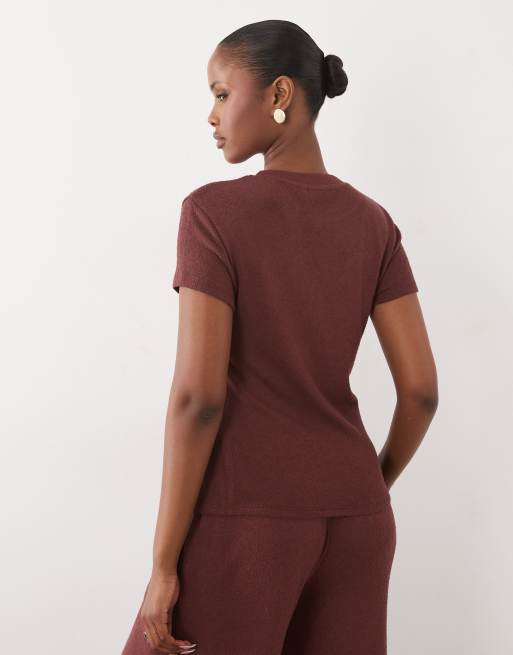 ASOS DESIGN textured knit asymmetric button through t-shirt in choc (part of a set), 4 of 4