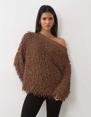 Asos Design Textured Knit Asymmetric Off The Shoulder Sweater In Brown