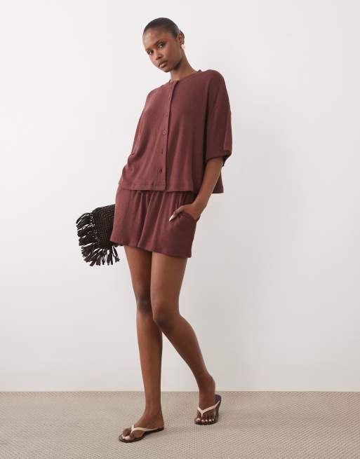ASOS DESIGN textured knit boxy crop button down top in choc, 3 of 4