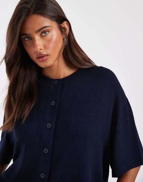 ASOS DESIGN textured knit boxy crop button down top in navy