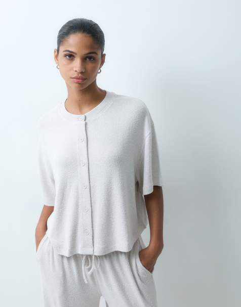 ASOS DESIGN textured knit boxy crop button down top set in stone - view 1