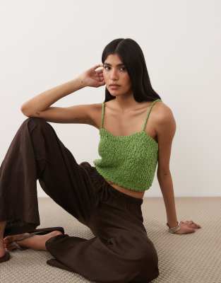 Asos Design Textured Knit Bra Top In Green