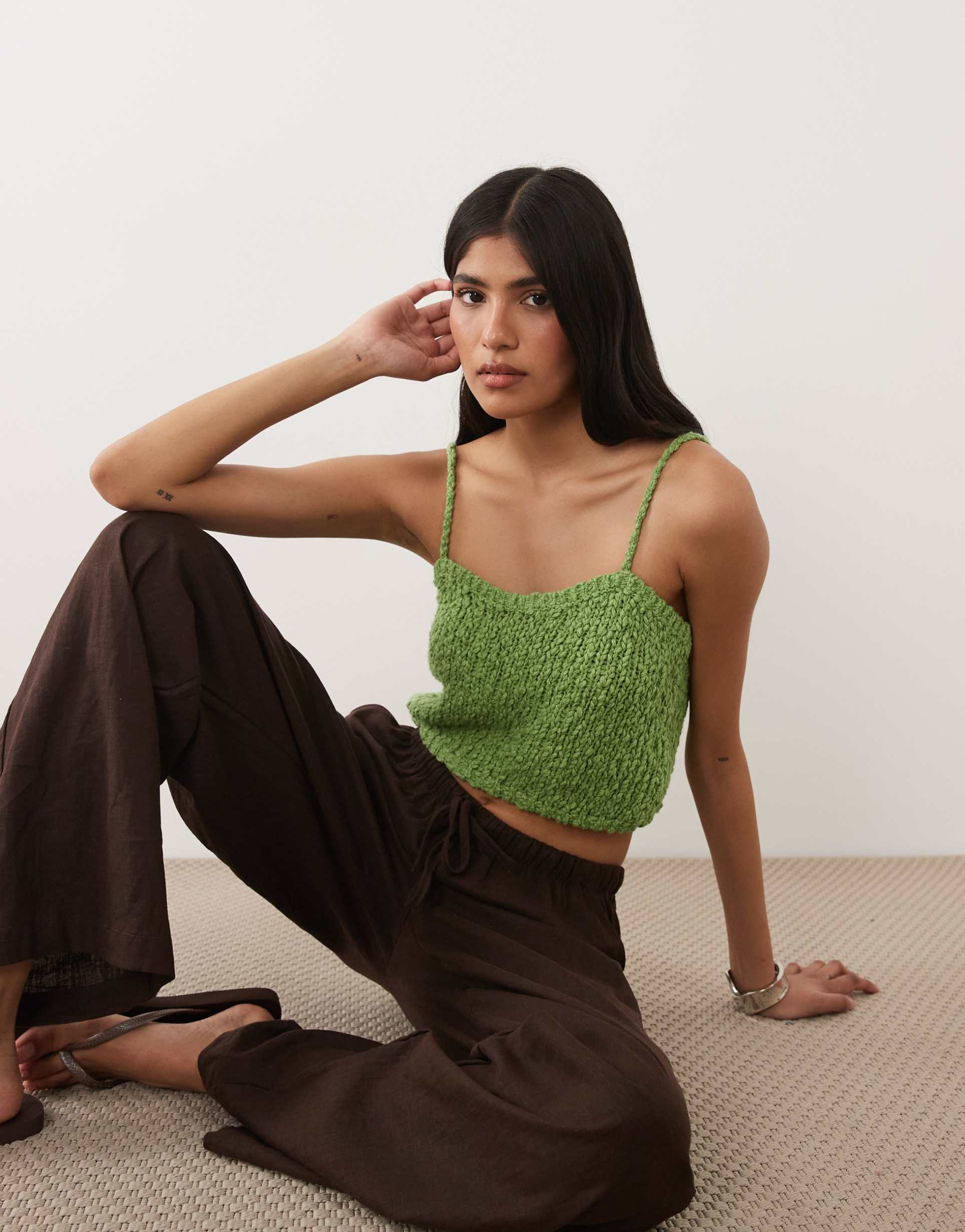 asos design textured knit bra top in green
