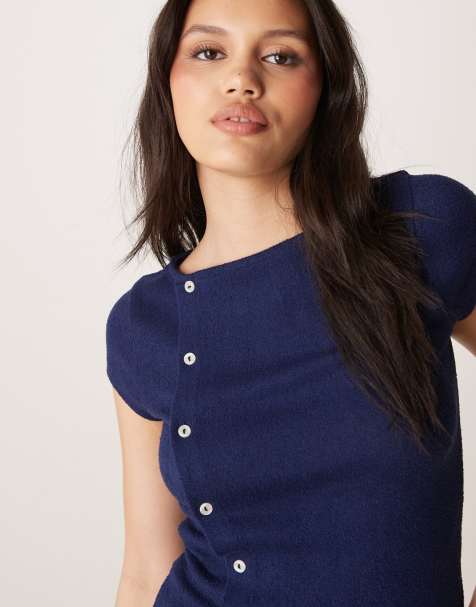 ASOS DESIGN textured knit button detail tee in navy - view 1