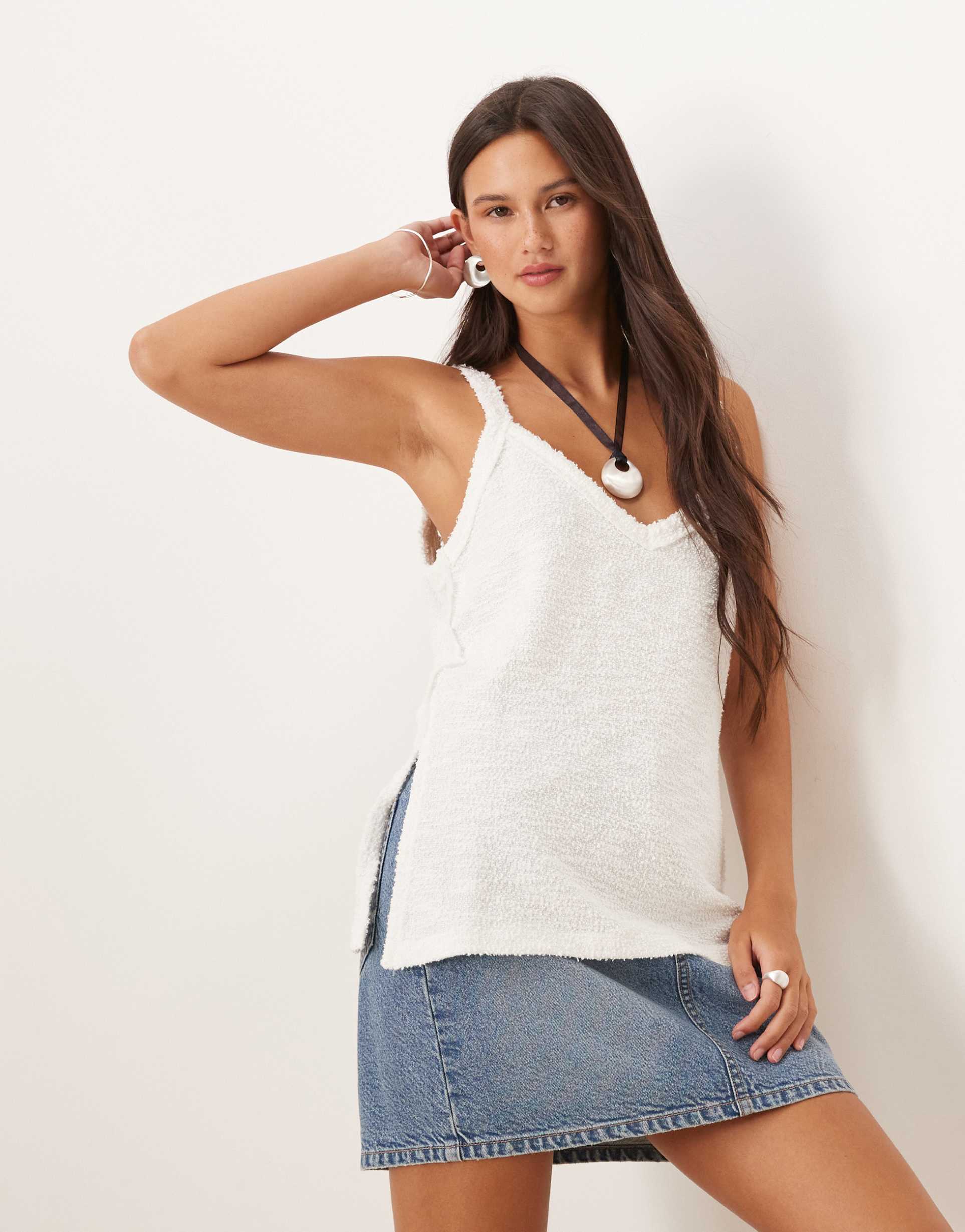 asos design textured knit cami tank top in white
