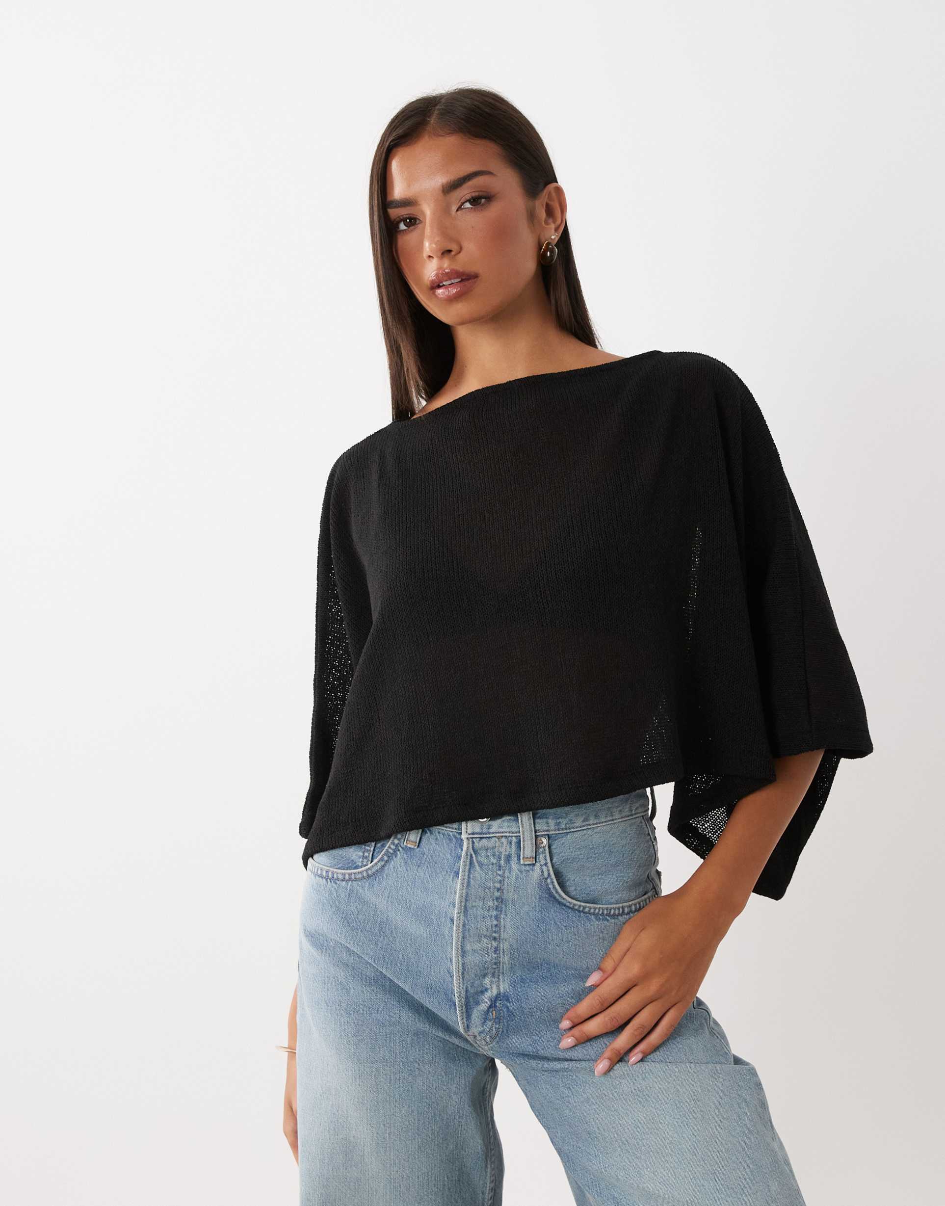 asos design textured knit cape sleeve top in black