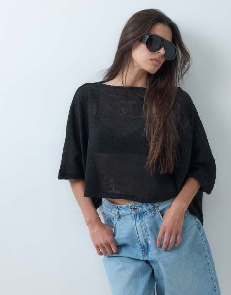 ASOS DESIGN textured knit cape sleeve top in black