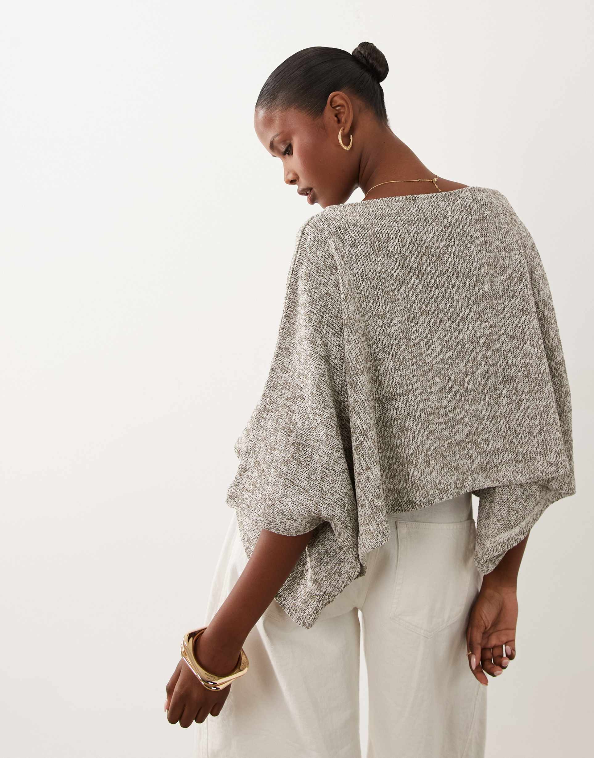 asos design textured knit cape sleeve top in khaki
