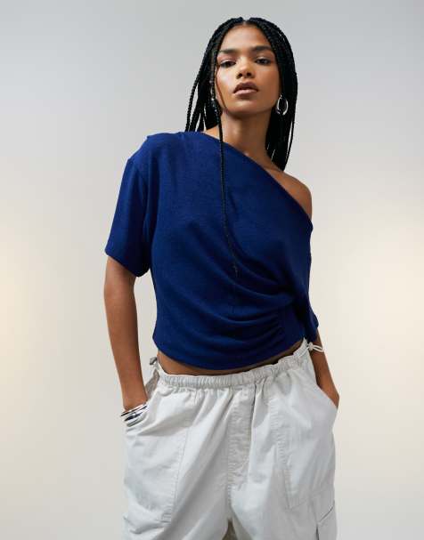 ASOS DESIGN textured knit corset waist detail tee in navy - view 1