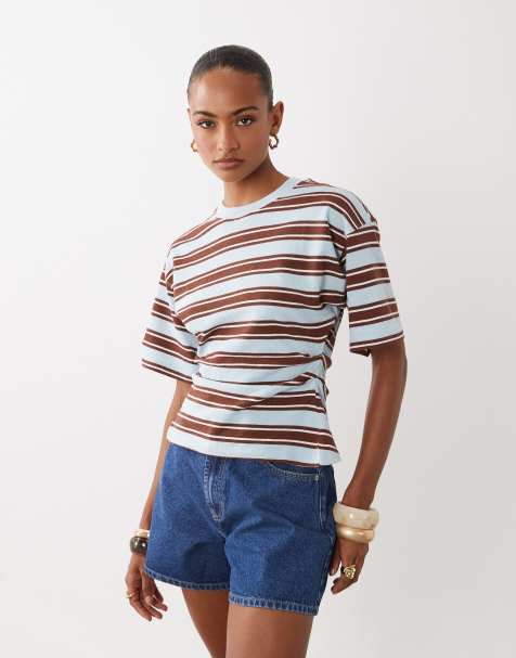 ASOS DESIGN textured knit corset waist t-shirt in blue stripe - part of a set - view 1