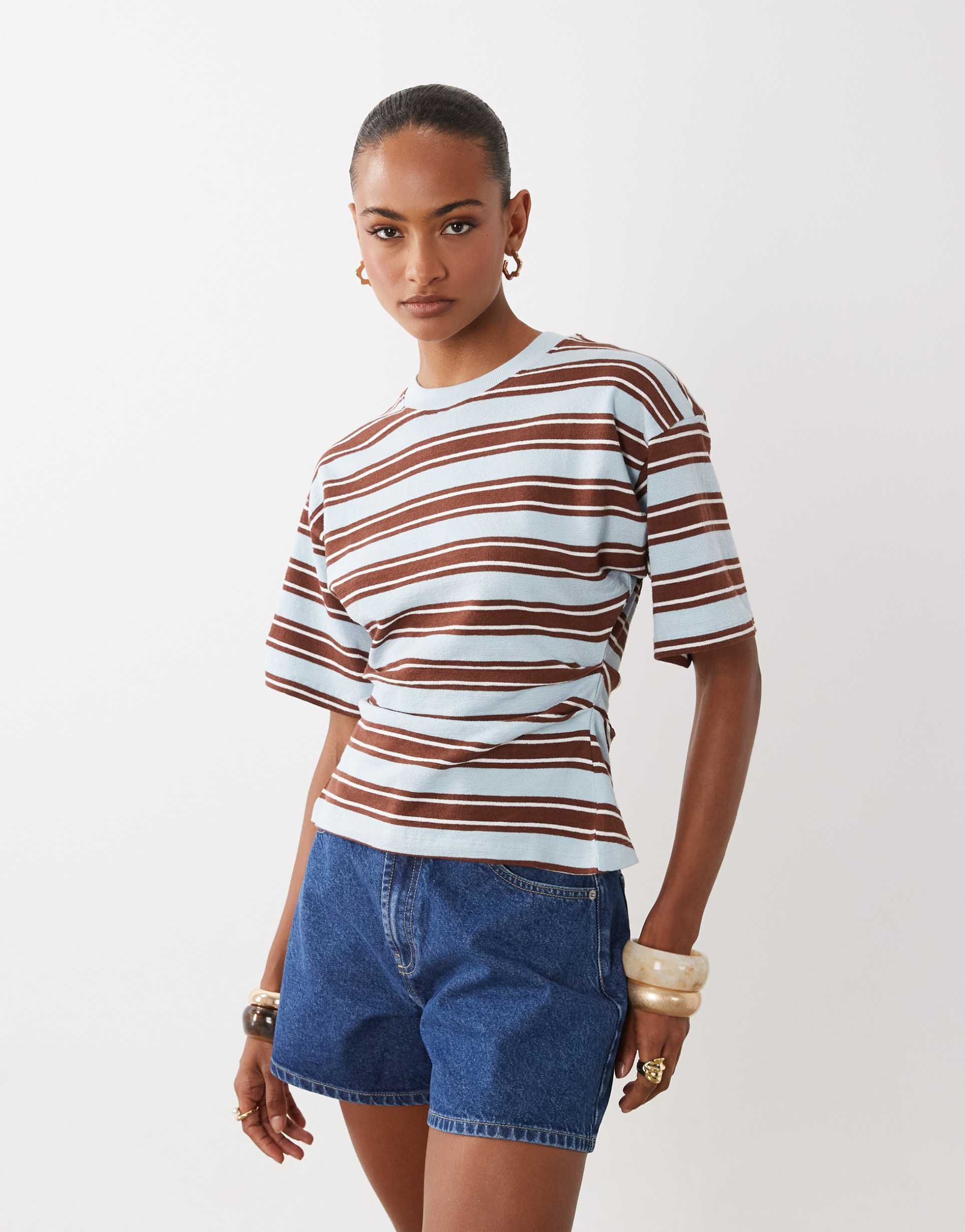 asos design textured knit corset waist t-shirt in blue stripe - part of a set