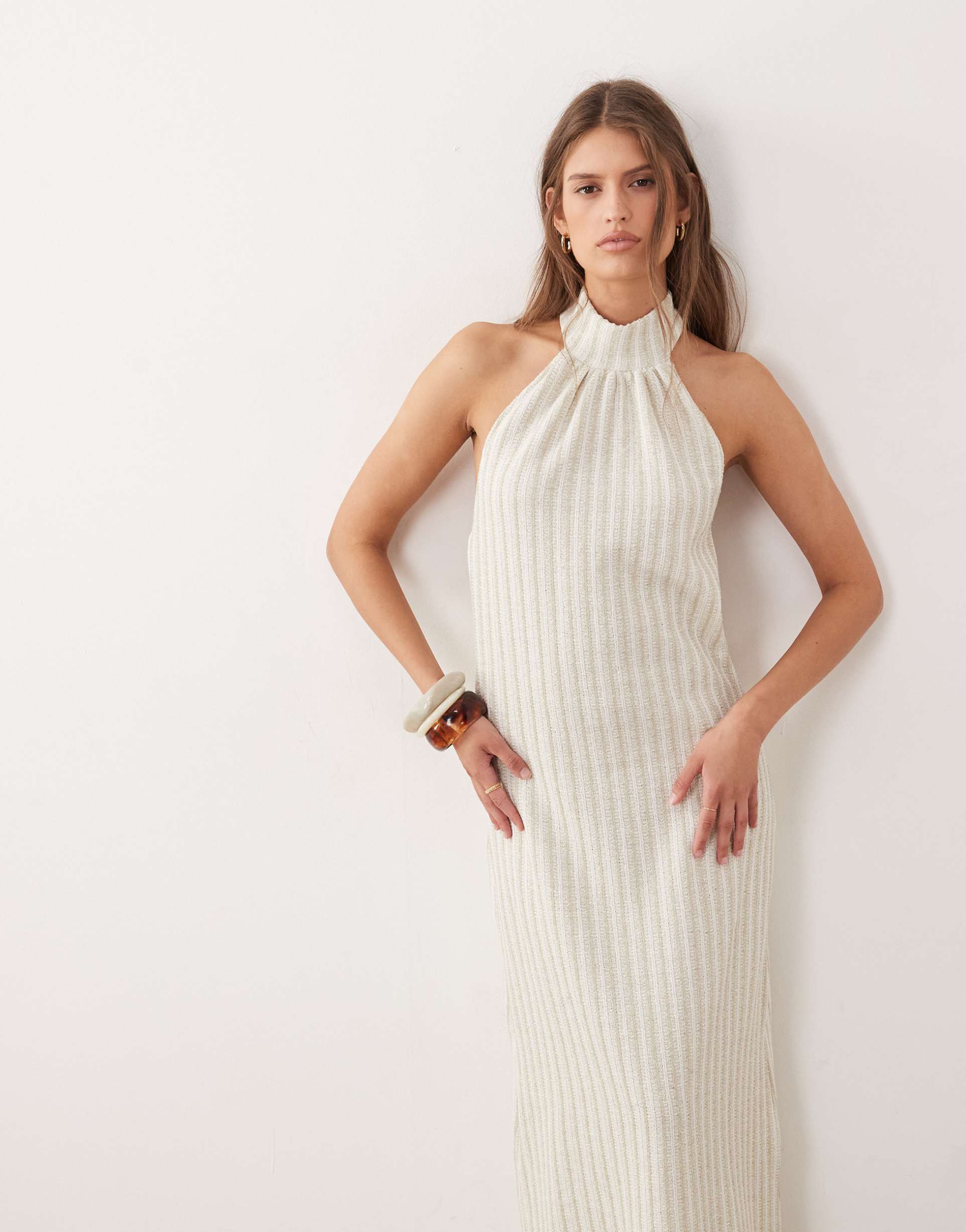 asos design textured knit halterneck midi dress in cream and light green stripes