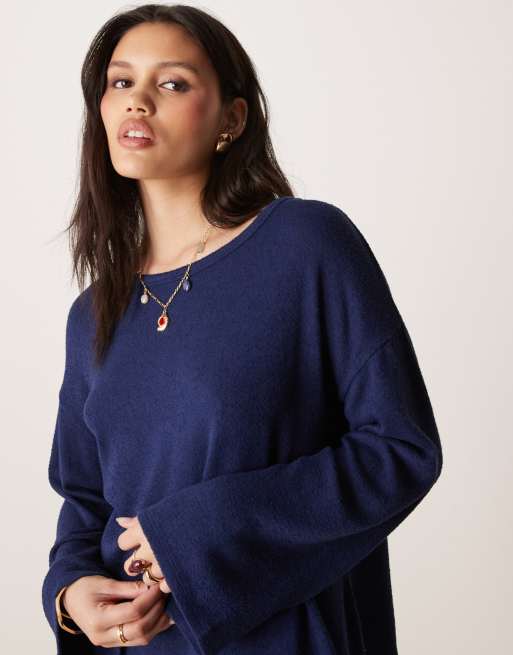 ASOS DESIGN textured knit handkerchief hem long sleeve tee in navy