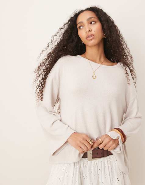 ASOS DESIGN textured knit hanky hem long sleeve tee in stone - view 1