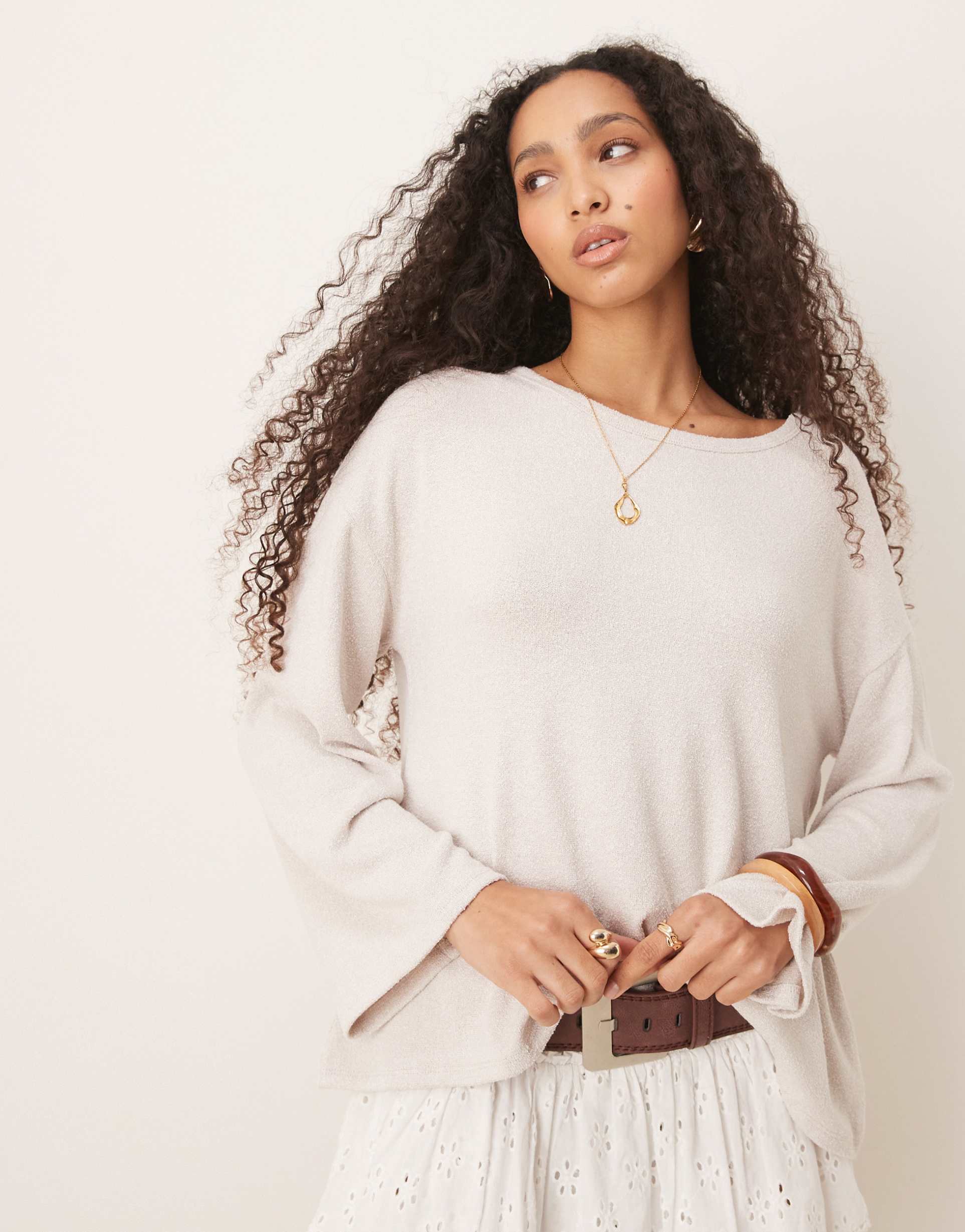 asos design textured knit hanky hem long sleeve tee in stone